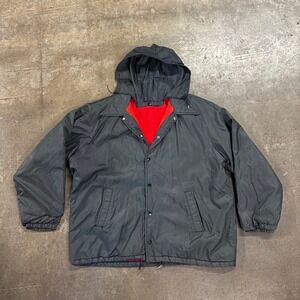 Vintage 90s Lands' End Sherpa Lined Coach Jacket Grey Nylon Hooded XL